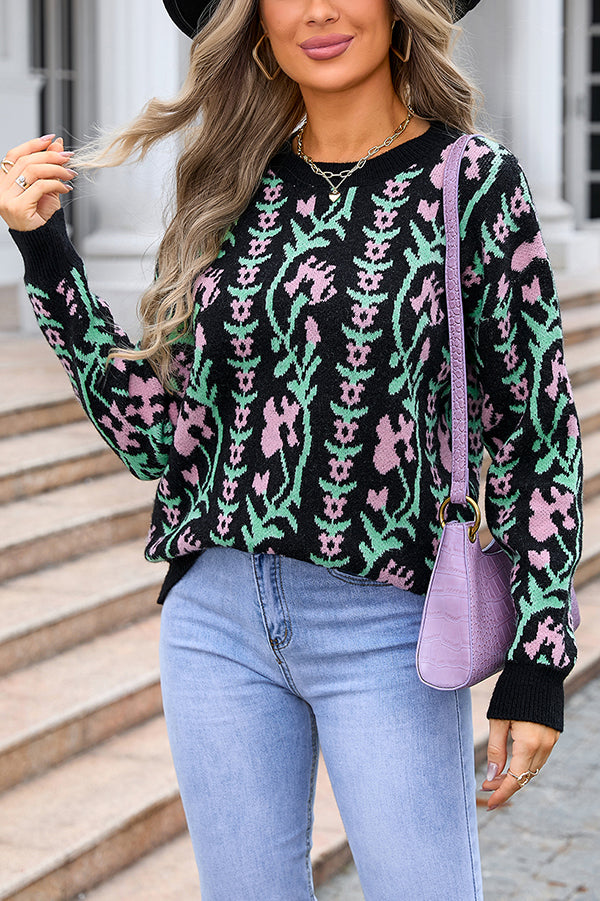 Lady Rin Floral Knitted Crew Neck Sweater for Casual Elegance