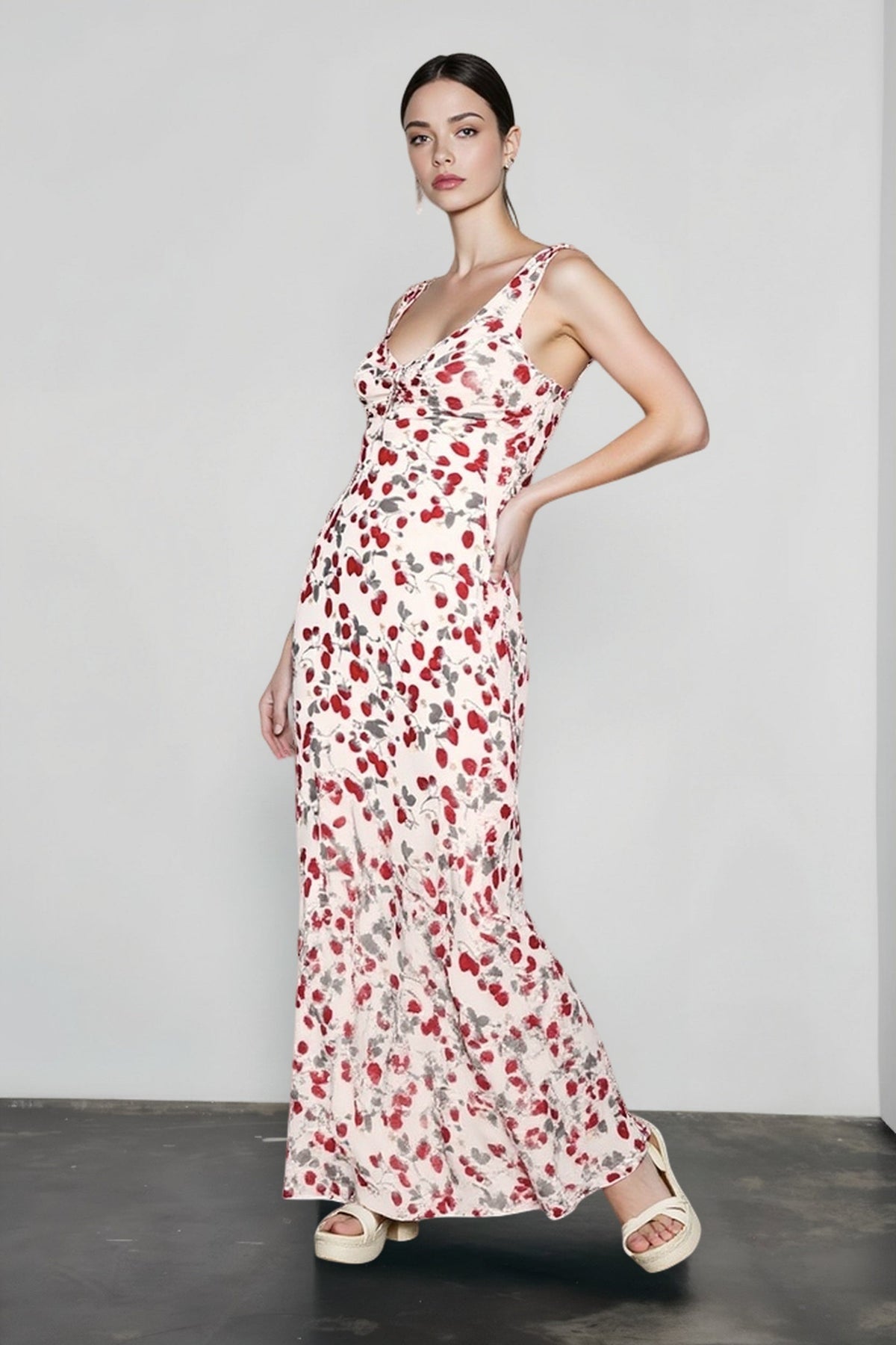 Floral V-Neck Ruffle Trim Tie Front Slip Maxi Dress 6