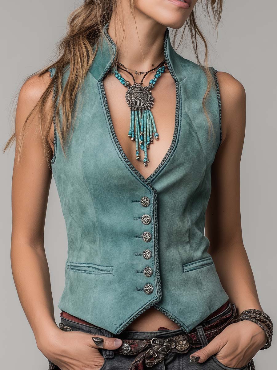 Mint Green Microsuede Bohemian Fitted Vest - Fashionpara