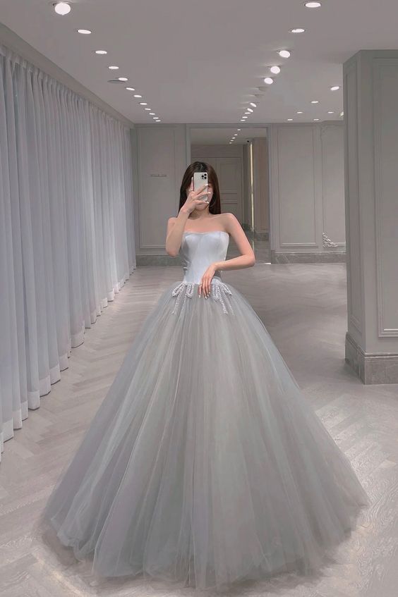 Gray tulle beads long prom dress A line evening gown - Fashionpara