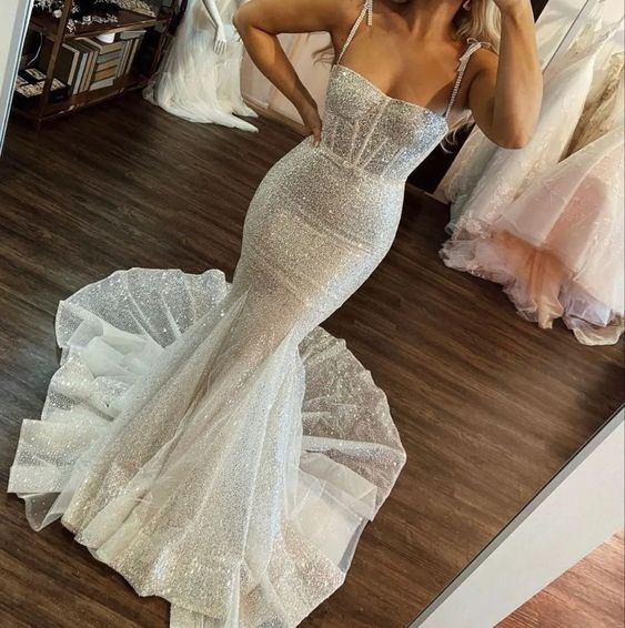 Sexy Ivory Sequins Mermaid Prom Dresses Long Wedding Dresses