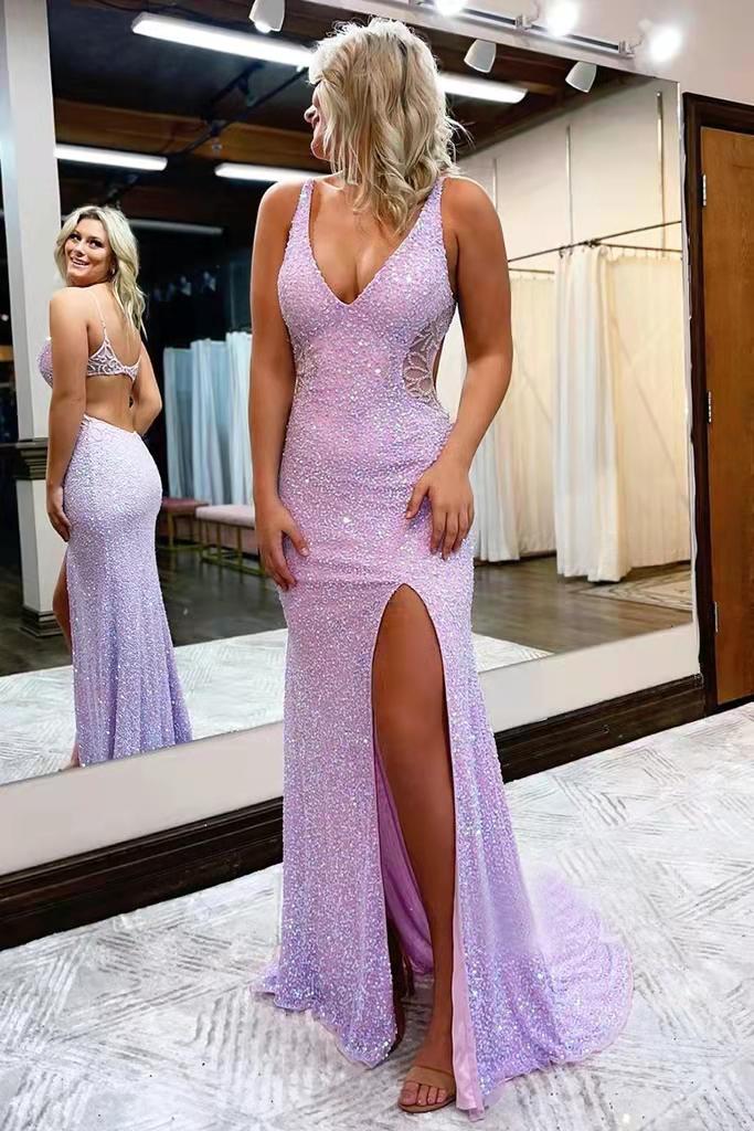 New Style V Neck Sleeveless Long Prom Dress, Sparkly Sequined Evening Dress With Slit - Fashionpara