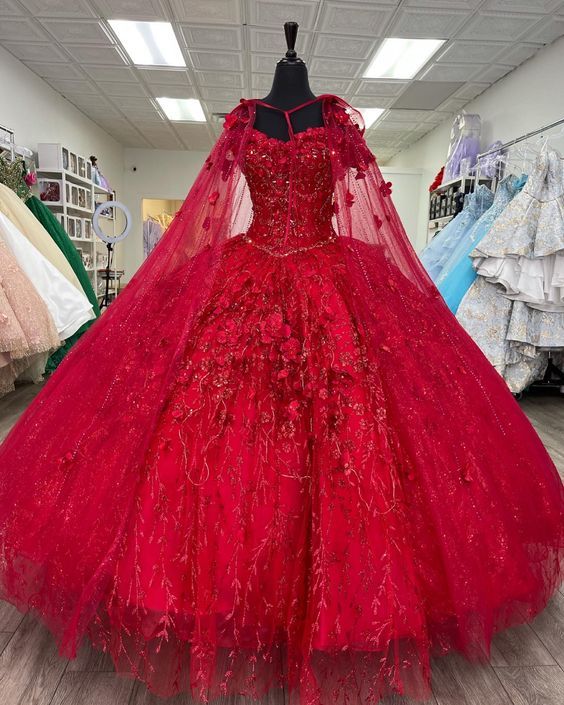 Red Prom Dress Ball Gown Quinceanera Dresses 3D Flowers Princess Corset Back Princess Prom Sweet 16 dress - Fashionpara