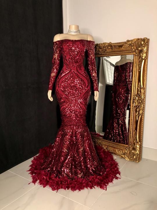 Burgundy prom dresses sparkly long sleeve off the shoulder feather mermaid prom gown - Fashionpara