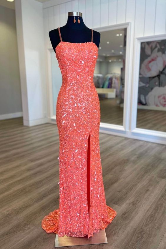 glitter coral sequined prom dress long fromal dress with slit - Fashionpara