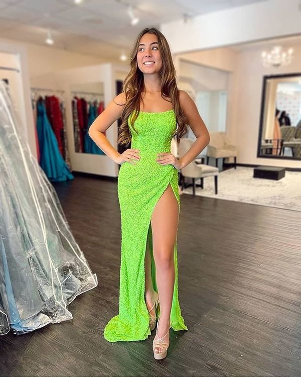 Sparkly Mermaid Scoop Neck Neon Green Prom Dress - Fashionpara