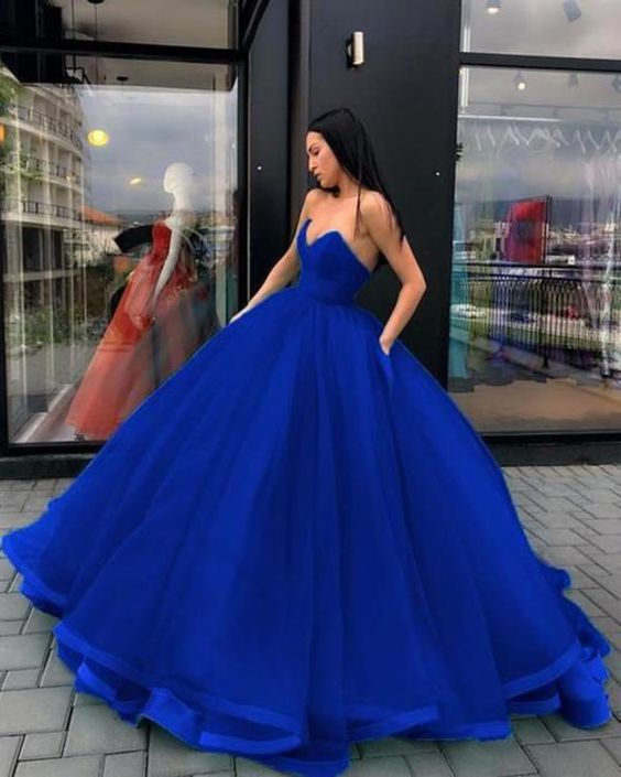 Sweetheart Blue Long Cheap Ball Gown Prom Dresses - Fashionpara