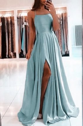 long A line teal satin prom dress evening dress - Fashionpara