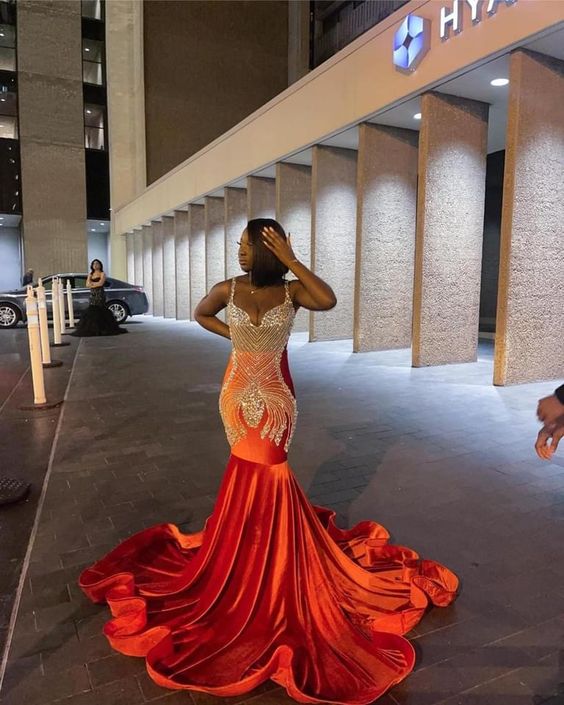 Stunning and Elegant Princess Party Wear Gown Orange Prom Dresses - Fashionpara