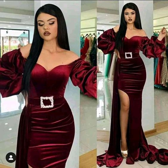 Burgundy Split Front Velvet Prom Evening Party Dress - Fashionpara