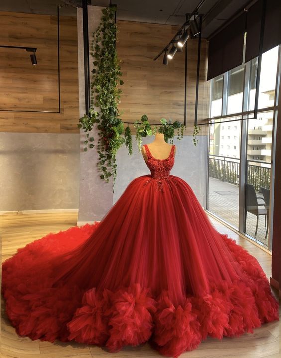 Red prom dress , tulle long A line ball gown dress fashion dress - Fashionpara
