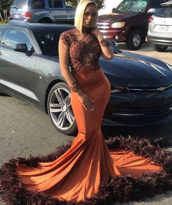 Unique Long Prom Dress With Long Sleeves, Formal Dress With Feather - Fashionpara