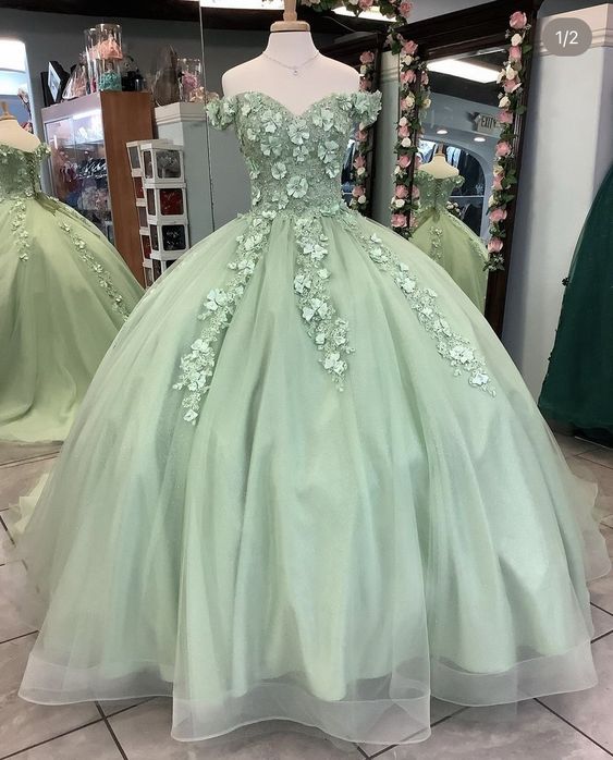 light green Ball Gown Long Prom Dresses, Formal Graduation Evening Dresses - Fashionpara