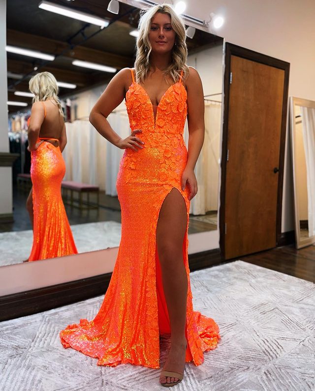 Fashion Mermaid V Neck Orange Sequins Long Prom Dresses with Slit - Fashionpara
