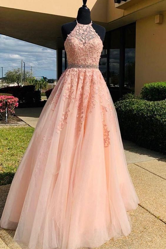 halter A-line pink tulle and lace appliques long prom dress - Fashionpara