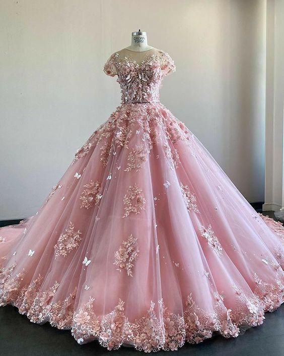 Pink Lace Tulle Prom Dress, Charming Ball Gown - Fashionpara