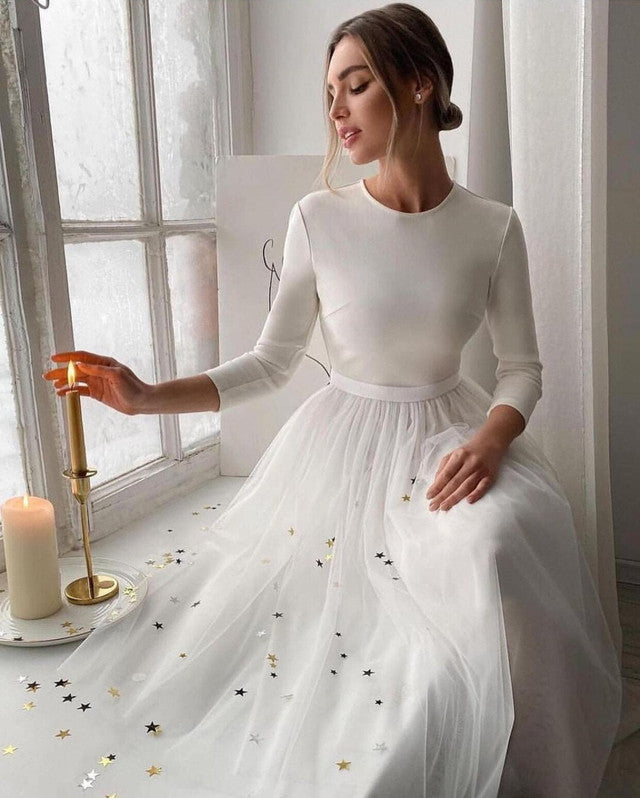 Simple White A Line Evening Party Dress - Fashionpara