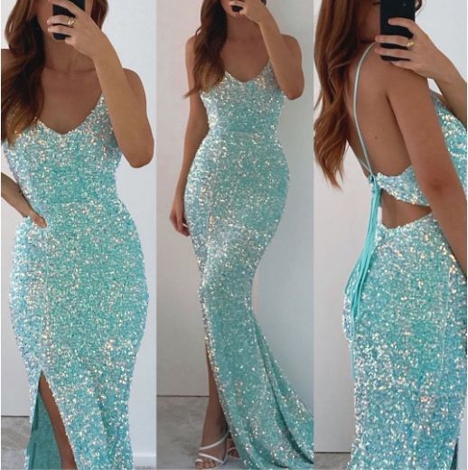 Sparkly Sequins Spaghetti Straps Mermaid Side Slit Dress With Train,Party Dress,Slit Dress - Fashionpara