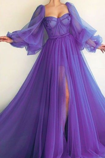 Purple Tulle Prom Gown, Elegant Long Formal Dress - Fashionpara