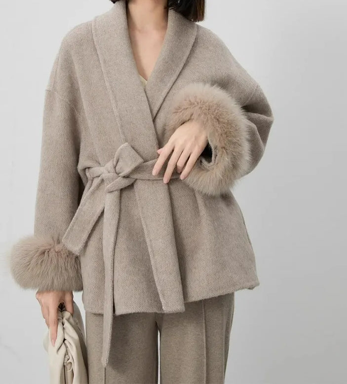 Cashmere Coat With Fur Cuffs Fox Fur Overcoat