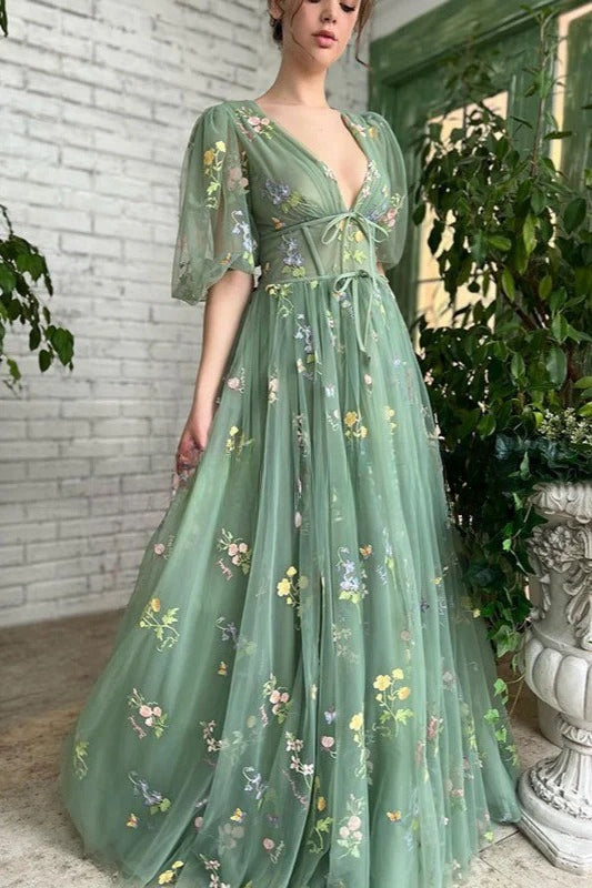Floral Embroidered V-Neck Puff Sleeve A-Line Gown