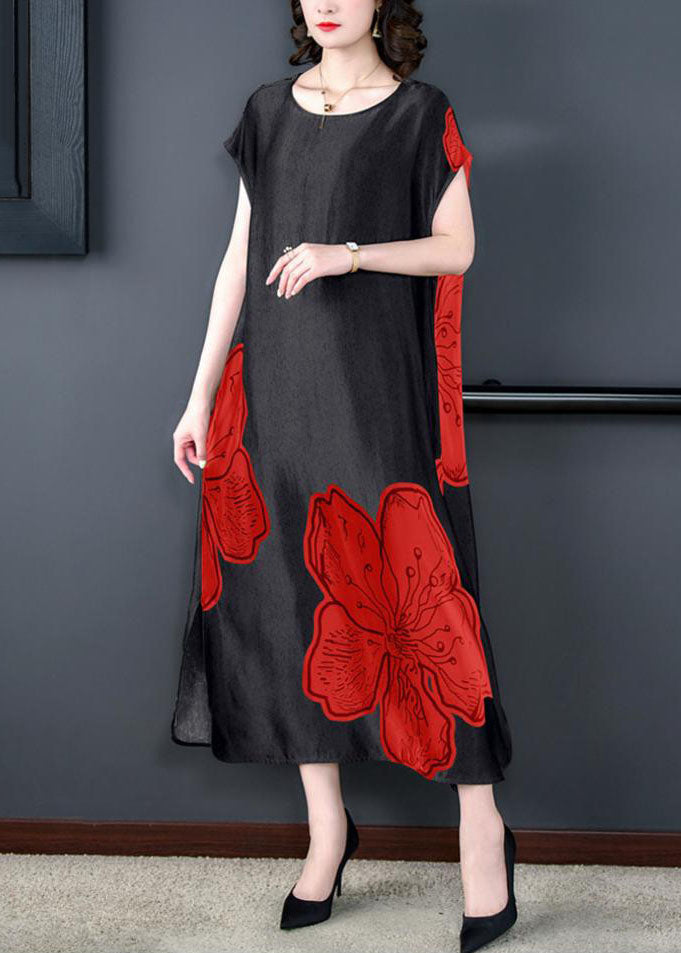 Floral Print Cap Sleeve Round Neck Side Slit Shift Midi Dress