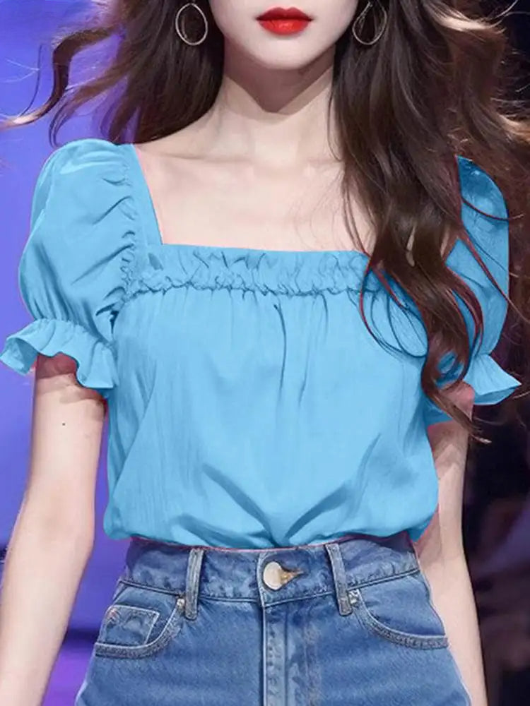 Solid Color Ruffled Square Neck Short Sleeve Blouse
