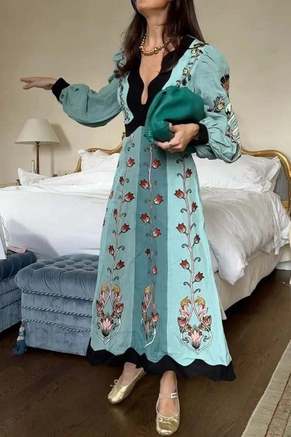 Flowing Beauty Linen Blend Floral Print Balloon Sleeve Open Back Midi Dress - Fashionpara