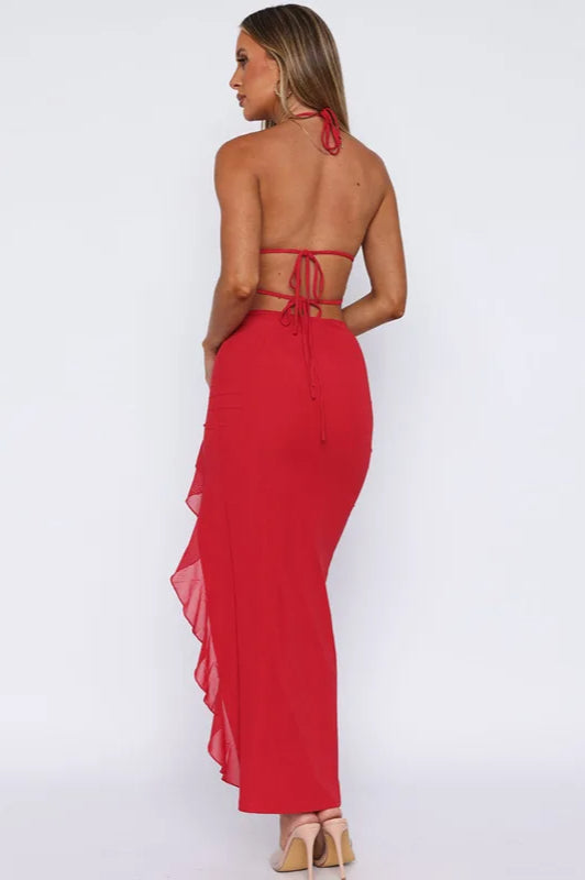 Ruffle V-Neck Patchwork Midi Dress