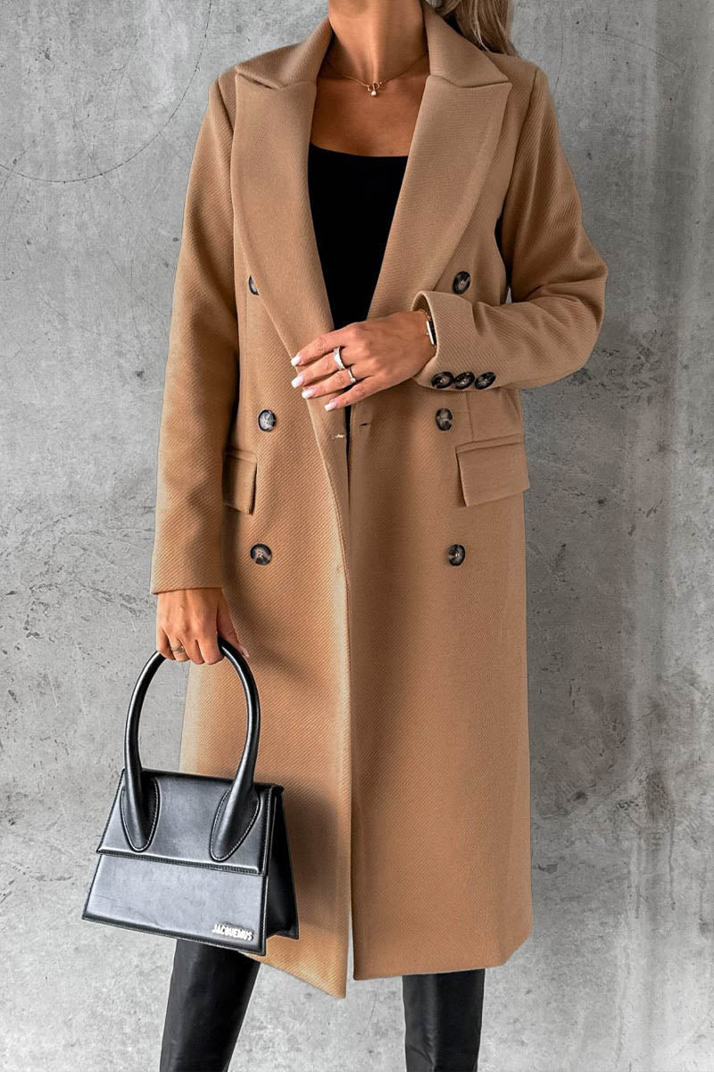 Solid Color Long Sleeve Double Breasted Coat with Pockets - Fashionpara