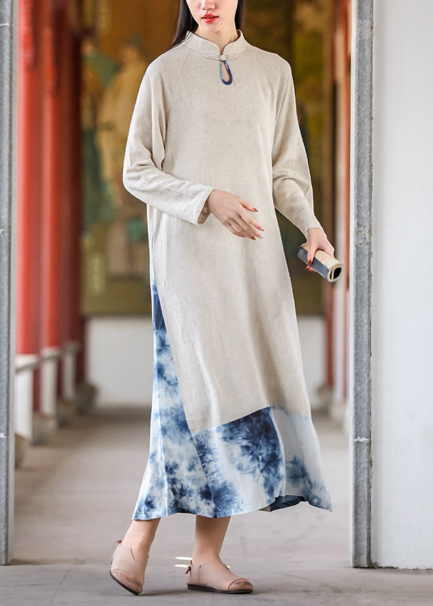 Tie Dye Mandarin Collar Paneled Long Sleeve Midi Dress - View 4
