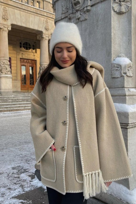 Wool Blend Scarf Fringe Coat - Fashionpara