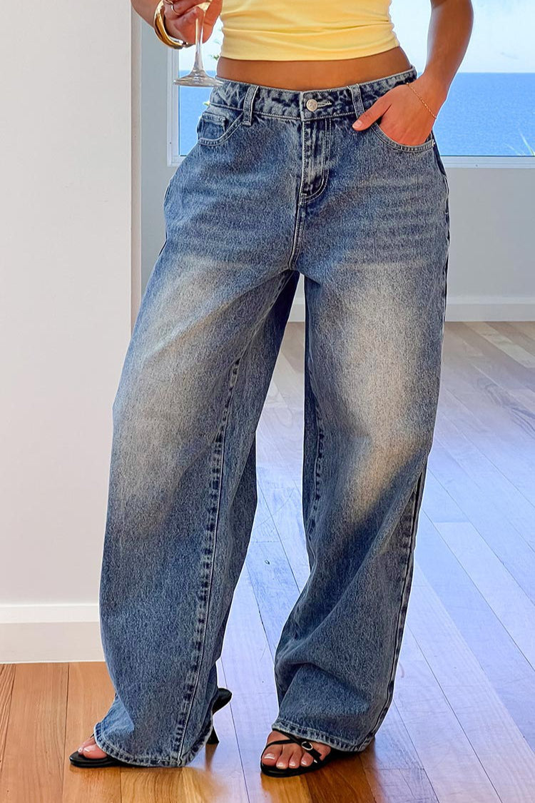 Heart Pocket Washed Loose Fit Wide Leg Jeans