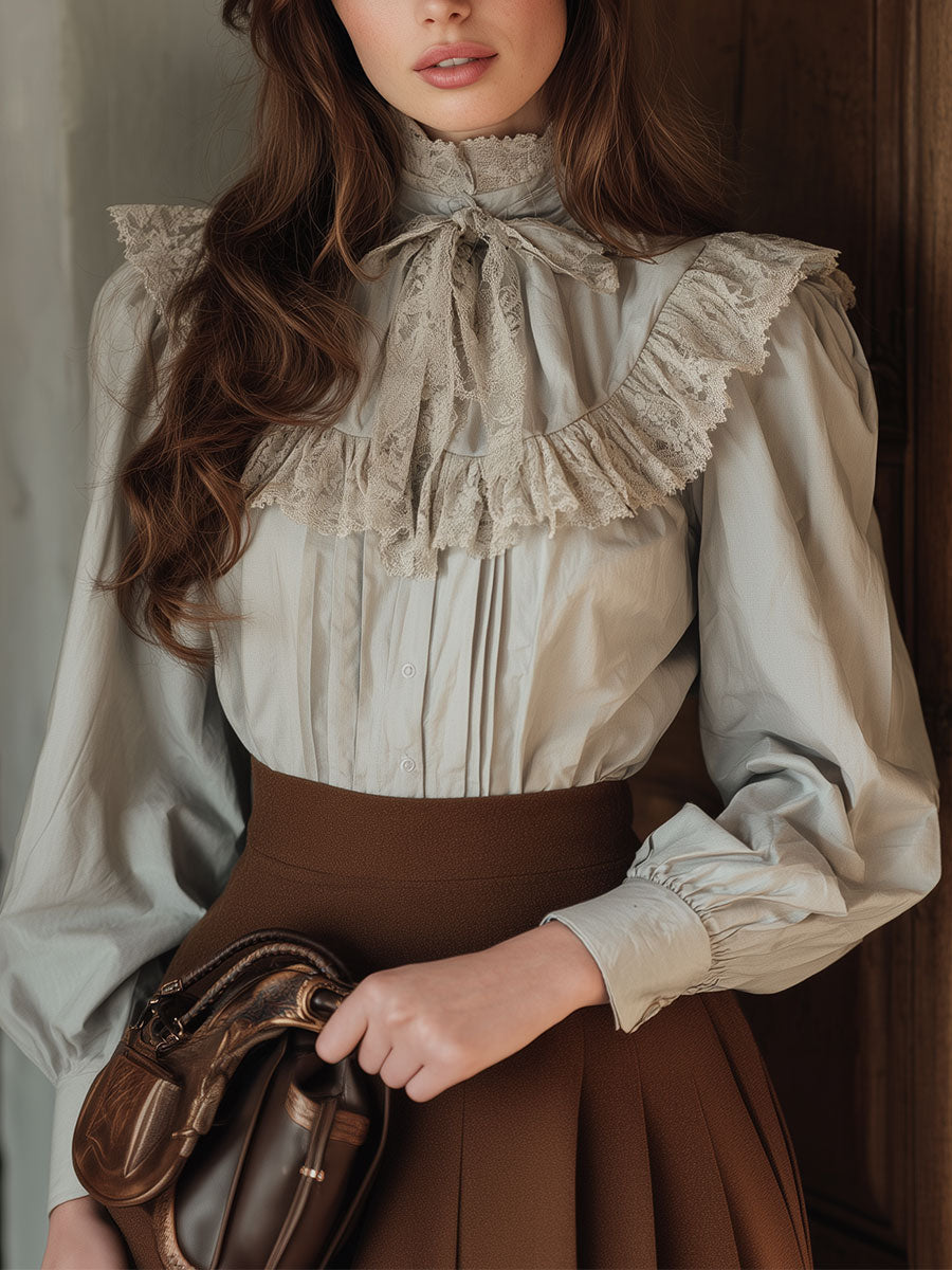 Elegant Puff Sleeve Lace Patchwork Cotton Blouse - Fashionpara