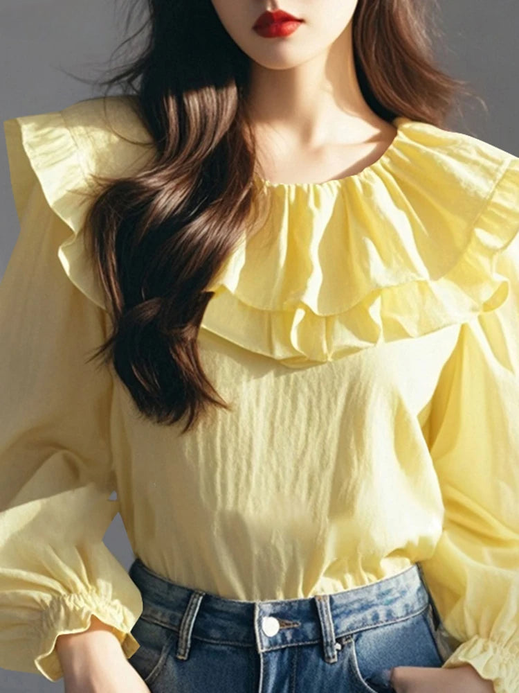 Lantern Sleeve Ruffled Round Neck Blouse