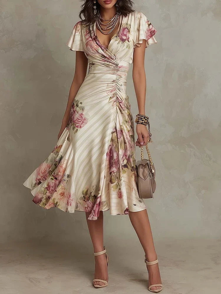 V-Neck Flutter Sleeve Ruched Floral Midi Dress 2