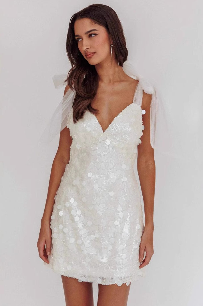 Disc Paillette Sequin V-Neck Bow-Shoulder Mini Dress