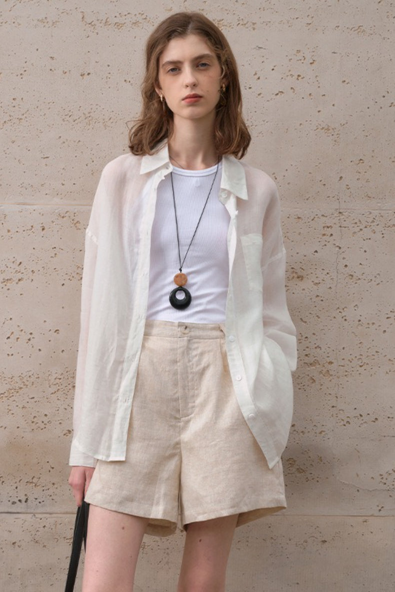 Sheer Linen Collared Long Sleeve Top