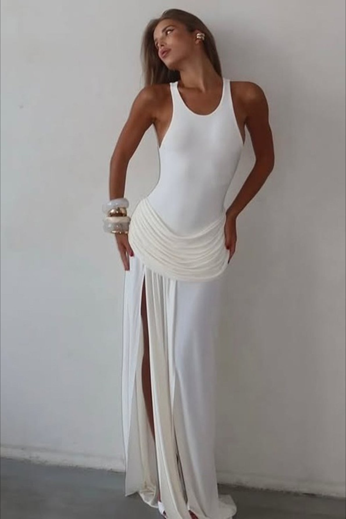 Scoop Neck Sleeveless Ruched High Split Bodycon Maxi Dress