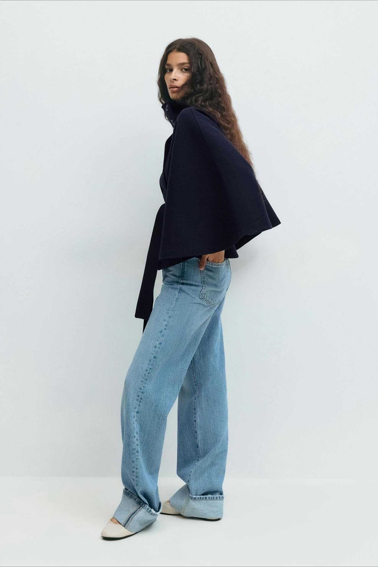 High Neck Button Detail Batwing Sleeve Coat - Fashionpara