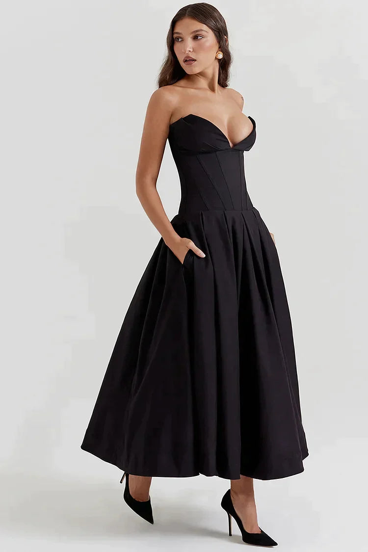 Satin Strapless Corset Pleated Pocket A-Line Midi Dress - View 6