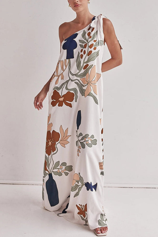 Matches The Vacation Unique Print One Shoulder Tie-up Pocketed Loose Maxi Dress - Fashionpara