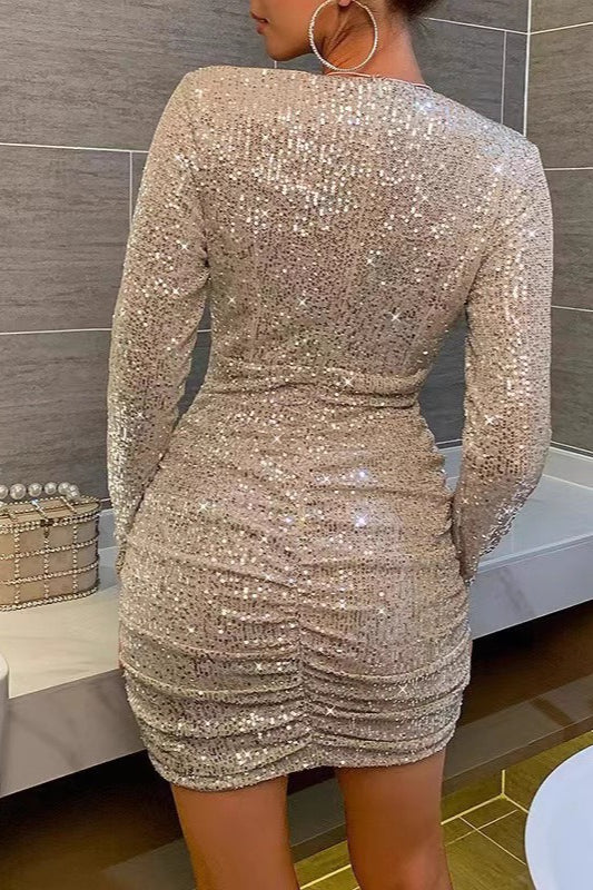 Sequin Deep V-Neck Long Sleeve Ruched Wrap Mini Dress - View 2
