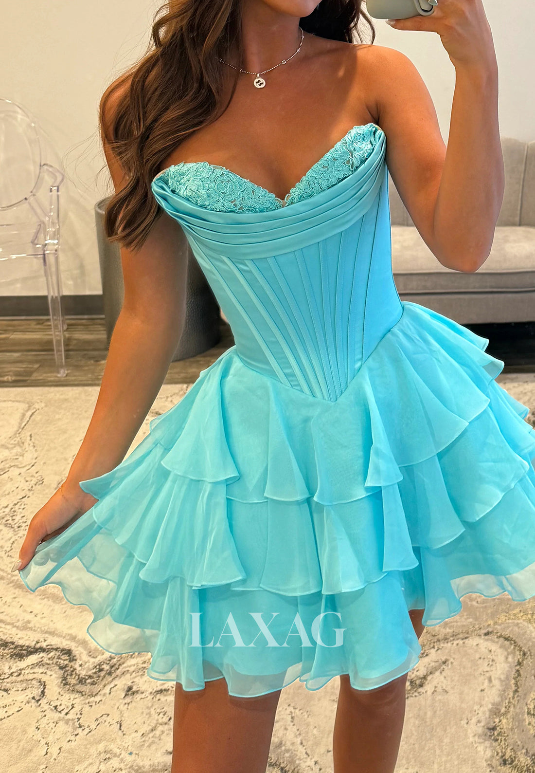 Sweetheart Off-Shoulder Applique Pleated Chiffon Tiered A-Line Party Homecoming Dress