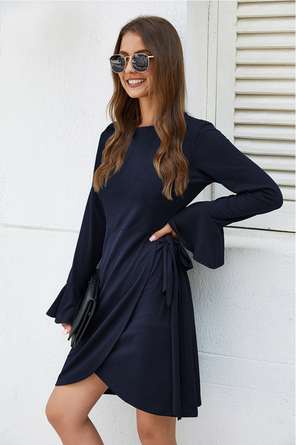 Knitted Drawstring Solid Color Dress - Fashionpara