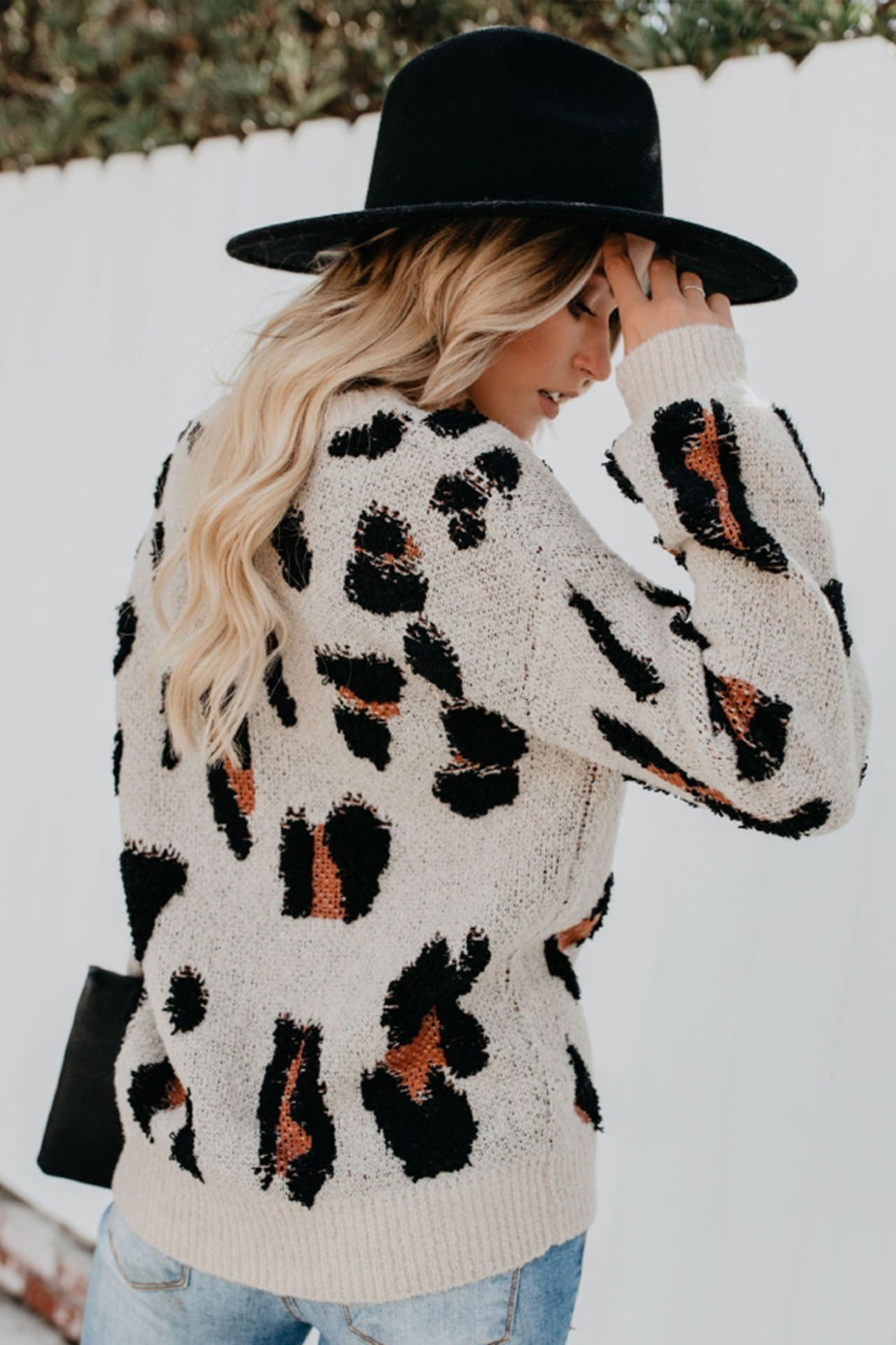 RadyRin Leopard Print Round Neck Pullover Sweater