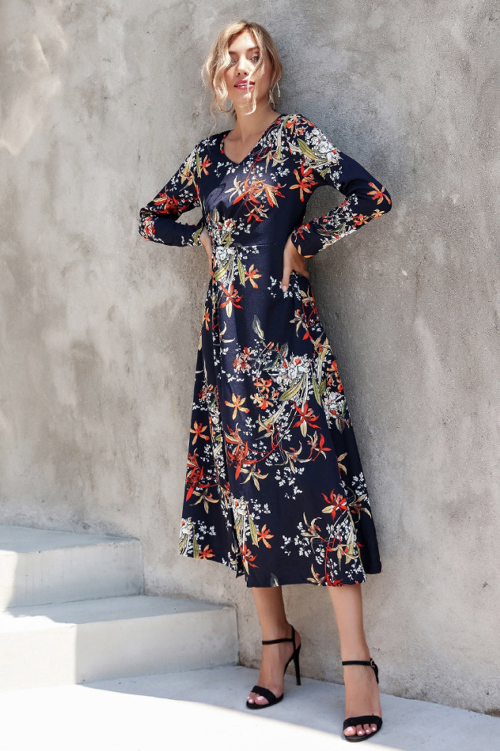 V-neck Printed Waist Slit Long Sleeve Dress - Fashionpara