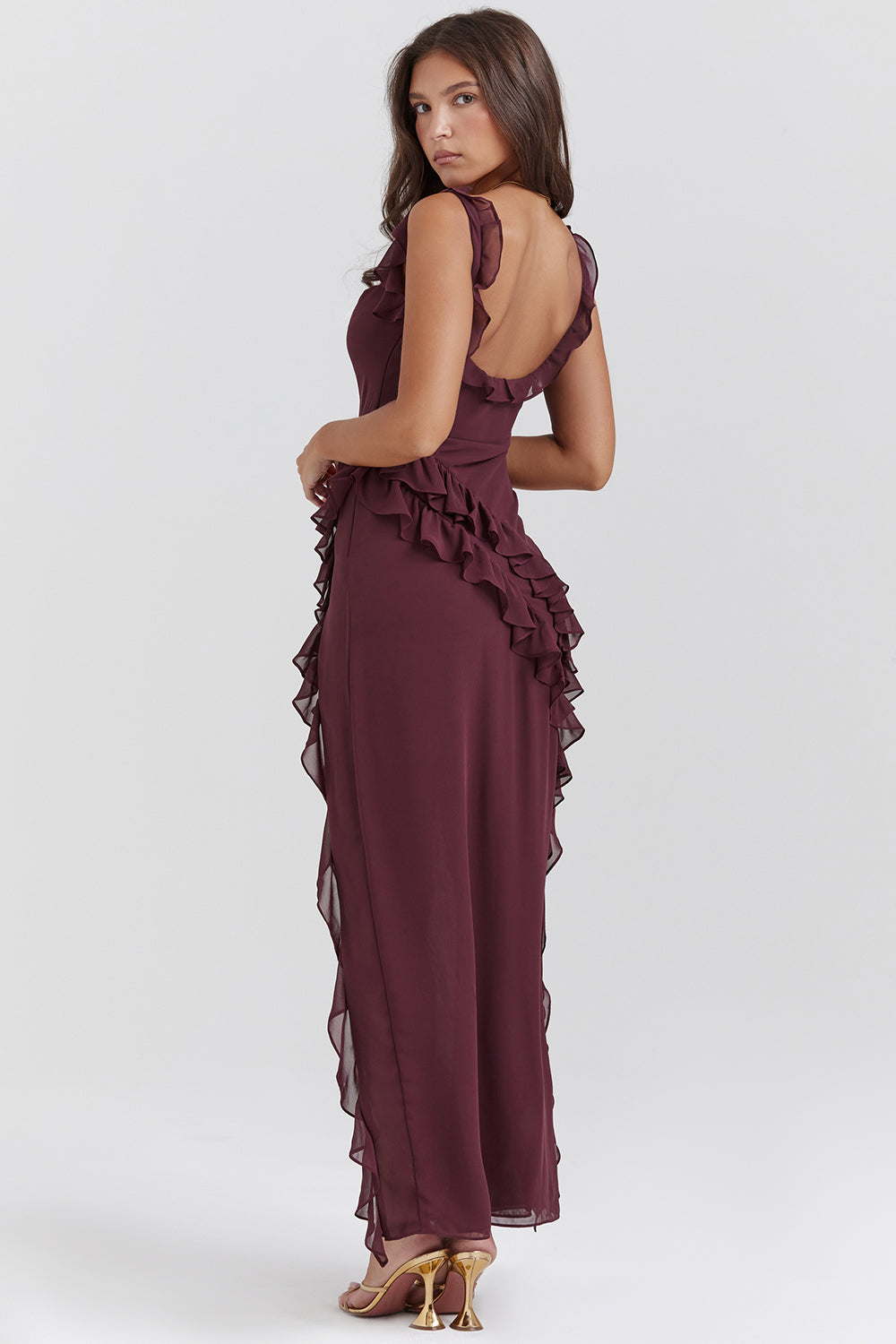 Square Neck Ruffle Strap High Split Asymmetrical Cascade Maxi Dress - View 6