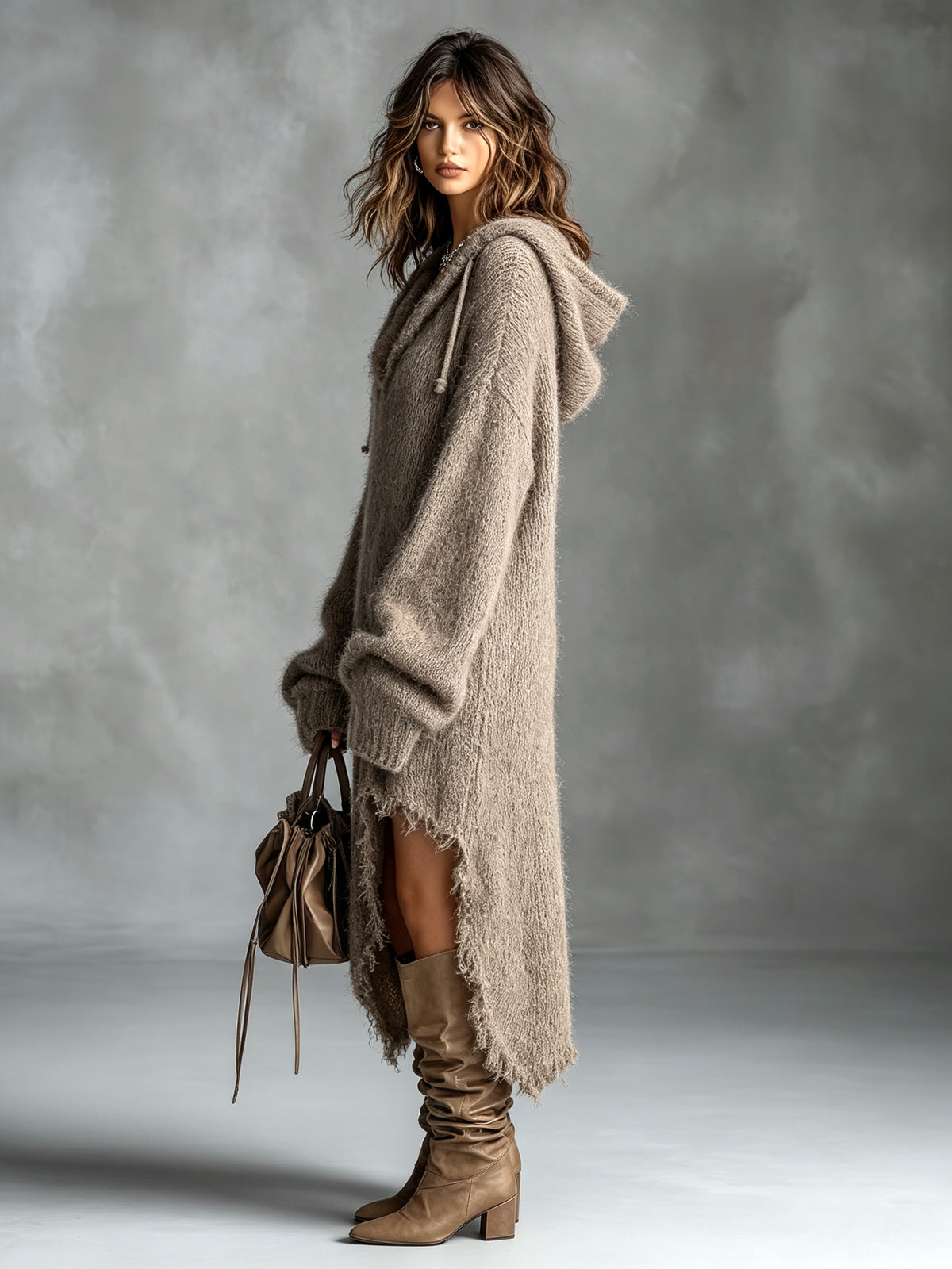 Hooded Deep V-Neck Oversized High Low Knit Sweater Dress 7