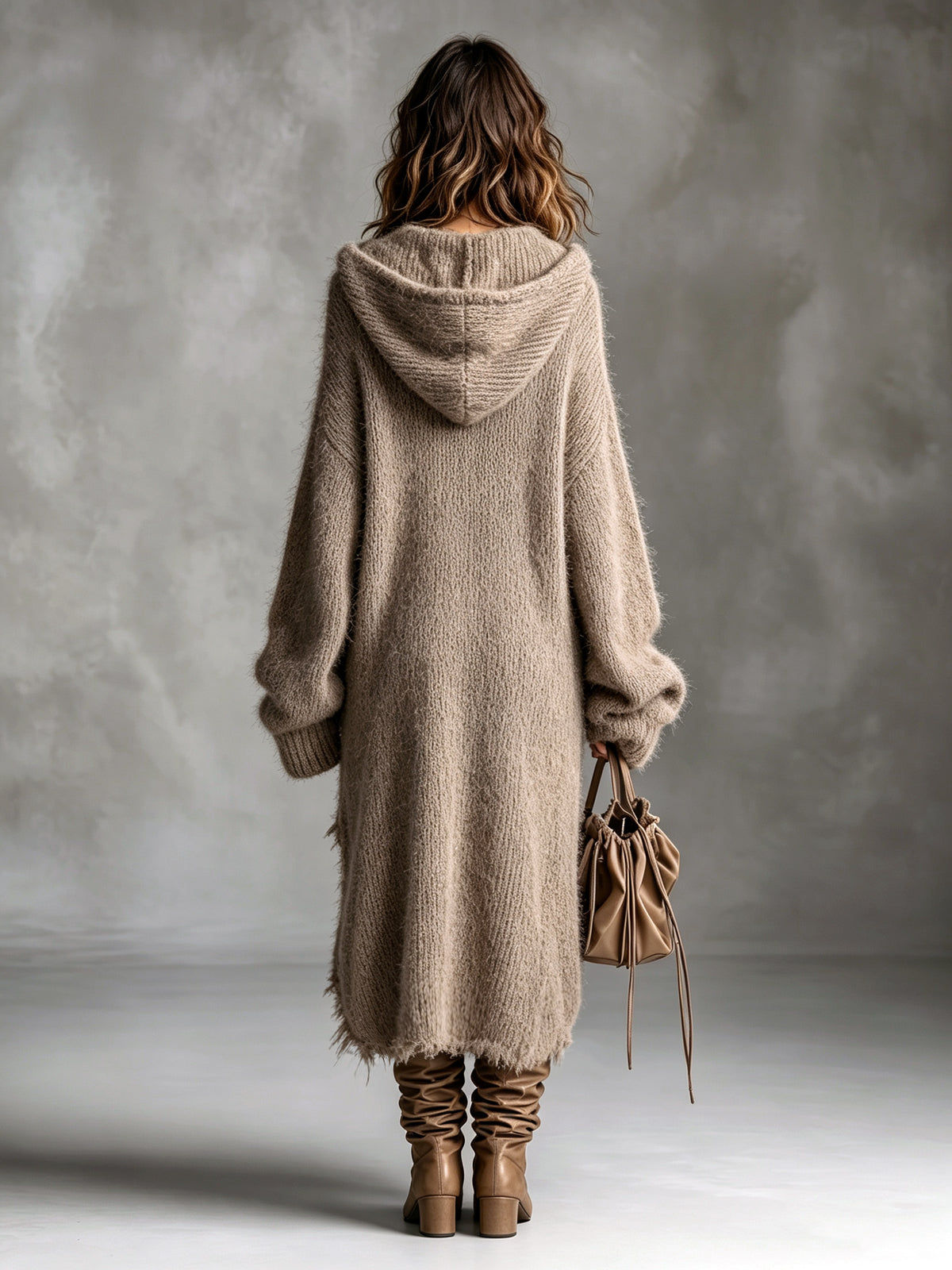 Hooded Deep V-Neck Oversized High Low Knit Sweater Dress 8